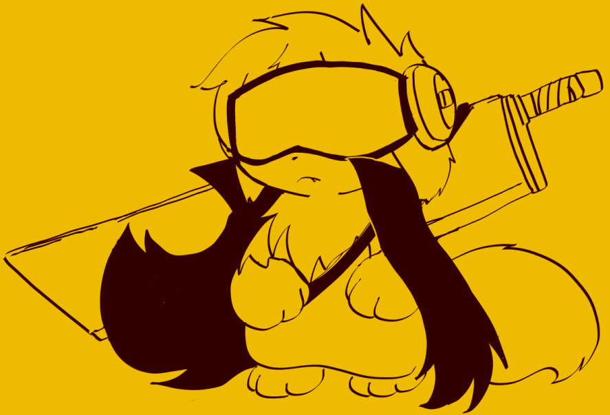 Picture of Roi posing, wearing a visor that covered her eyes, and a big greatsword on her back.