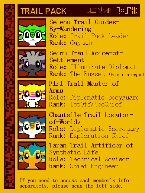 Trail Pack. Selenu Trail Guides-By-Wandering. Role: Trail Pack Leader. Rank:Captain. Seinu Trail Voice-Of-Settlement. Role: Illuminate Diplomat. Rank: The Russet (Peace Bringer). Firi Trail Master-of-Arms. Role: Diplomatic bodyguard. Rank: First Officer/Security Chief. Chantelle Trail Locator-of-Worlds. Role: Diplomatic Secretary. Rank: Exploration Chief. Taran Trail Artificer-of-Synthetic-Life. Role: Technical Advisor. Rank: Chief Engineer.